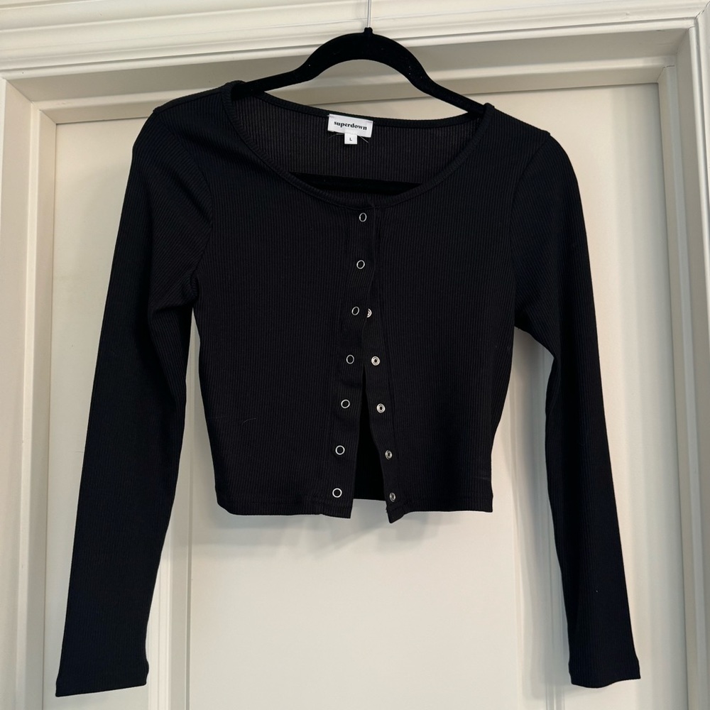 Superdown Black Crop Long Sleeve Shirt - Size Large